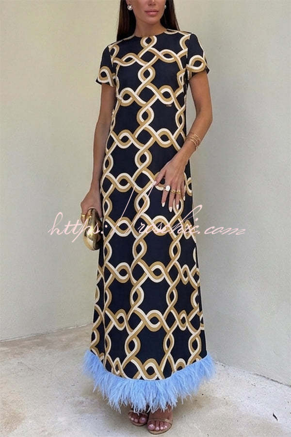Annalisa Satin Court Style Contrast Color Printed Short Sleeve Pocket Feather Trim Maxi Dress