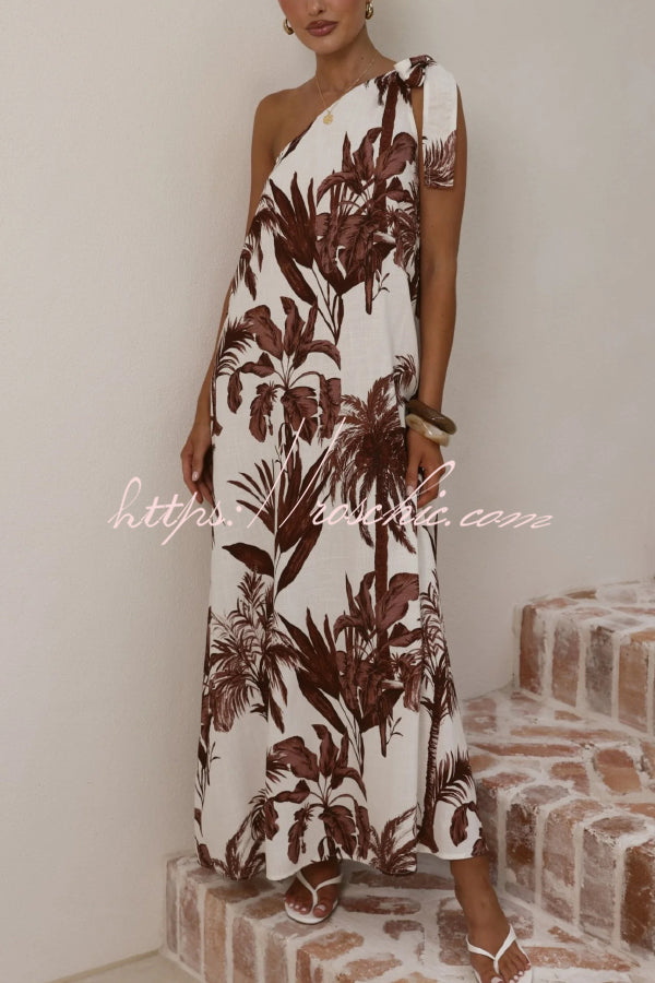 Botanical Print Sleeveless One-shoulder Casual Vacation Maxi Dress