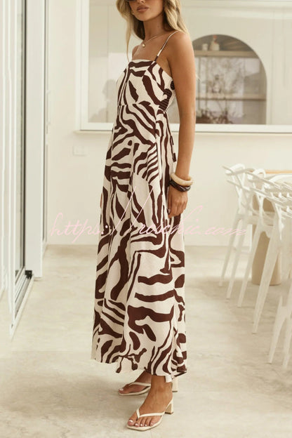 Zebra Print Sleeveless Spaghetti Strap High-waisted Vacation Maxi Dress