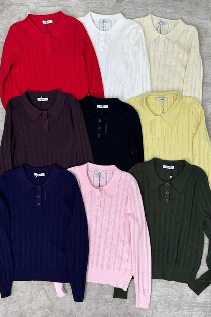 Blusa holgada de manga larga con cuello polo jacquard