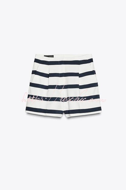 Logbook Stripe Button Shoulder T-Shirt and High-Rise Pocketed Loose  Shorts Set