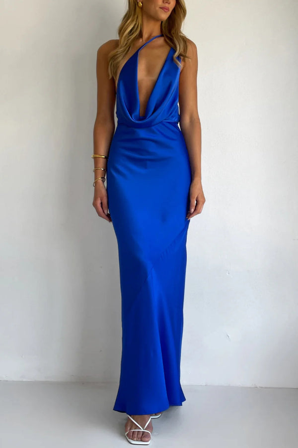 Solid Color Halter Neck Tie Backless Slim Fit Drape Maxi Dress