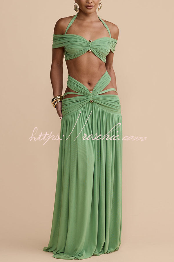 Martina Stretch Mesh Gold Metal Detail Gathered Cutout Waist Vacation Maxi Skirt