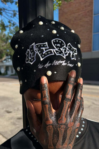 Street Style Pearl Rhinestone Letter Knitted Hat