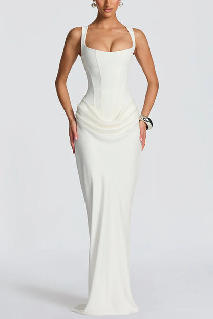 Larrah Square Neck Back Lace-up Satin Drape Hem Maxi Dress