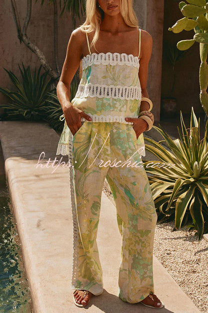 Summer Elegant Printed Curved Crochet Trim Camisole Top and Elastic Waist Casual Pocket Wide-leg Pants Set