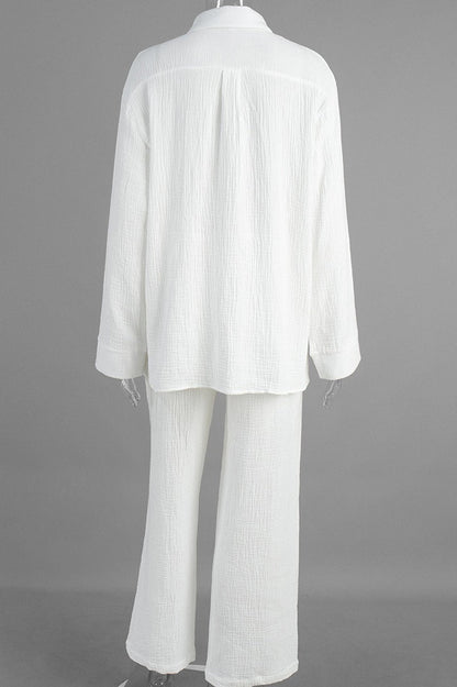 Solid Cotton Wrinkled Shirt Pants Two Piece Set