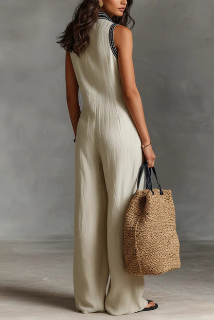 Linen Blend Sleeveless V-neck Casual Pocket Loose Jumpsuit