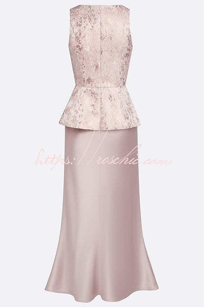 Siena 3D Floral Trim Lace Crew Neck Sleeveless Drape Satin Hem Maxi Dress