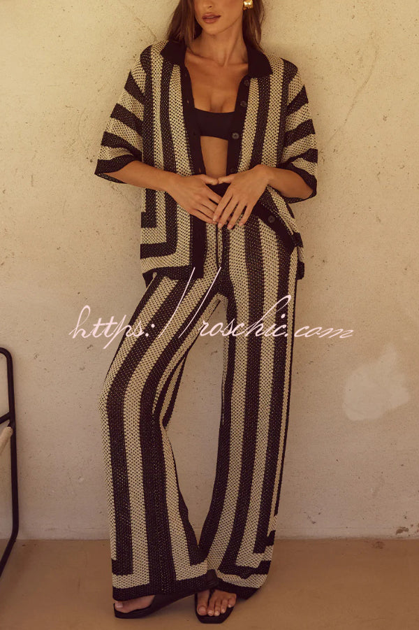 Stylish Knitted Collared Short-Sleeved Button-Up Top and Elastic Waist Casual Pants Cover-Up Set