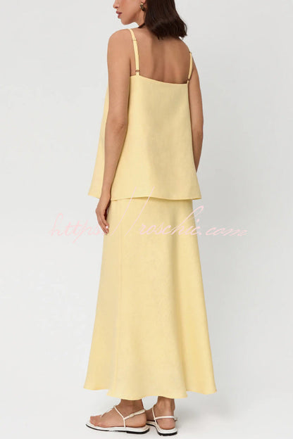 Linen Blend Loose Square Neck Camisole Top and Elegant Resort Maxi Skirt Set
