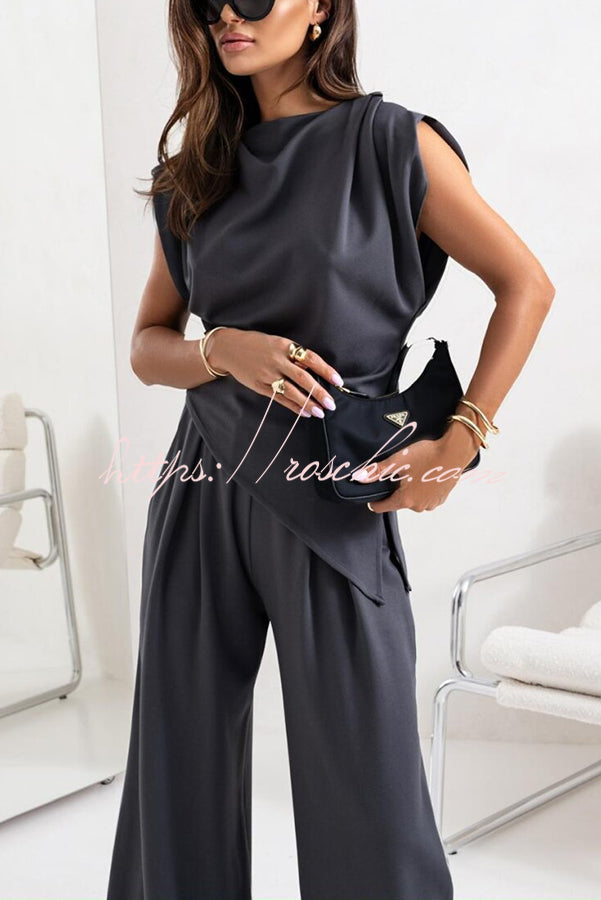 Jordy Ruched Shoulder Slit Top and Elastic Waist Pocketed Wide Leg Pants Set