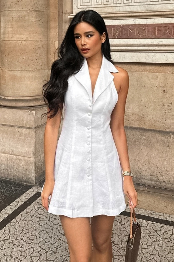 Minivestido con cuello halter, escote en V y botones, corte en A