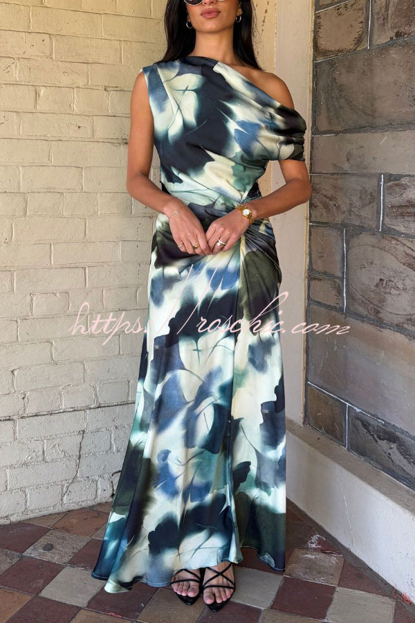 Unique Print Asymmetrical Off-Shoulder Pleated Waist Casual Maxi Dress