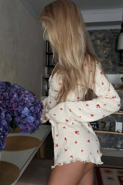 Conjunto de dos piezas de manga larga con estampado floral tejido
