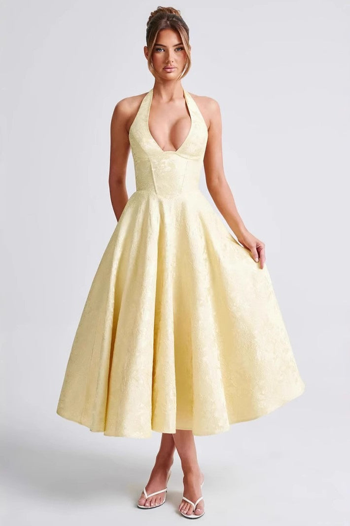 Vestido de fiesta jacquard con cuello halter en V