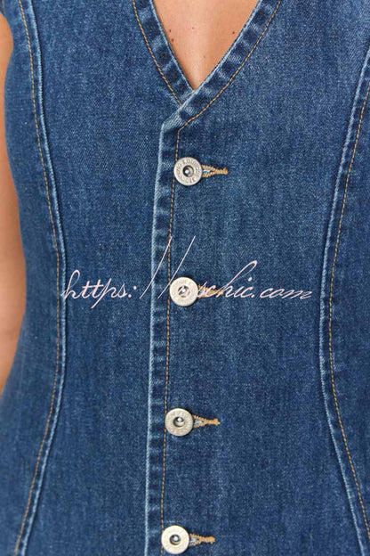 Stylish Sleeveless V-neck Buttons Tie-up Denim Mini Dress