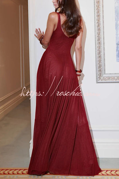Solid Color V-neck Sleeveless Slim-fit Elegant Mesh Maxi Dress