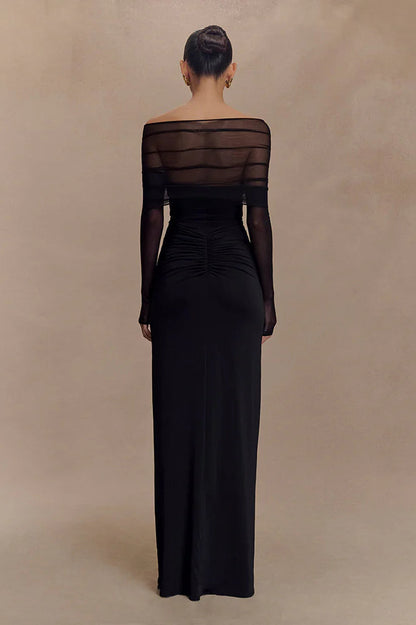 Sheer Mesh Cutout Off Shoulder Patchwork Maxi Dress