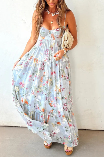 Bohemian Floral Print Chiffon Backless Wide Hem Loose Maxi Dress