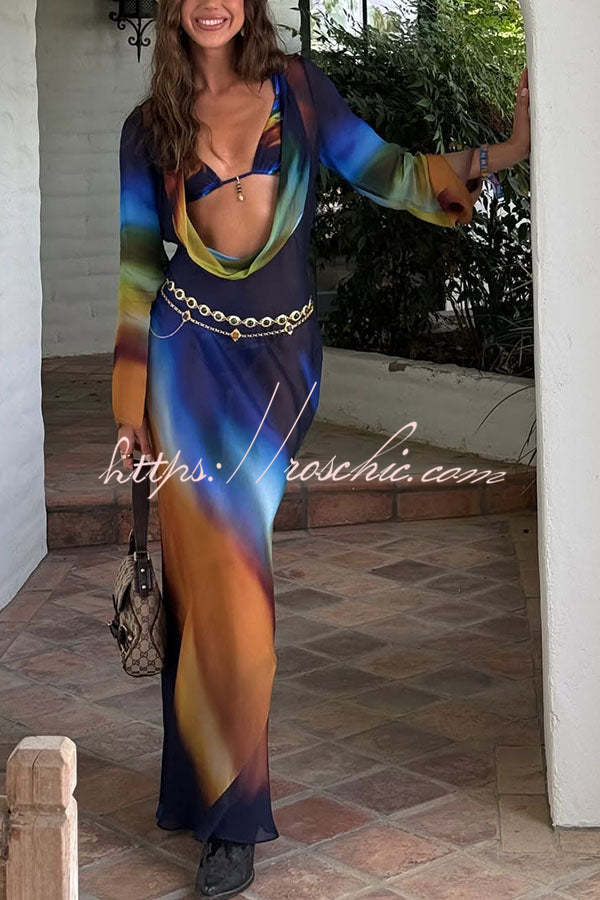 Medellin Neon Print Cowl Neck Twist Detail Long Sleeve Vacation Maxi Dress