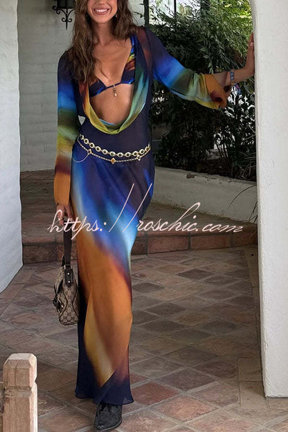 Medellin Neon Print Cowl Neck Twist Detail Long Sleeve Vacation Maxi Dress
