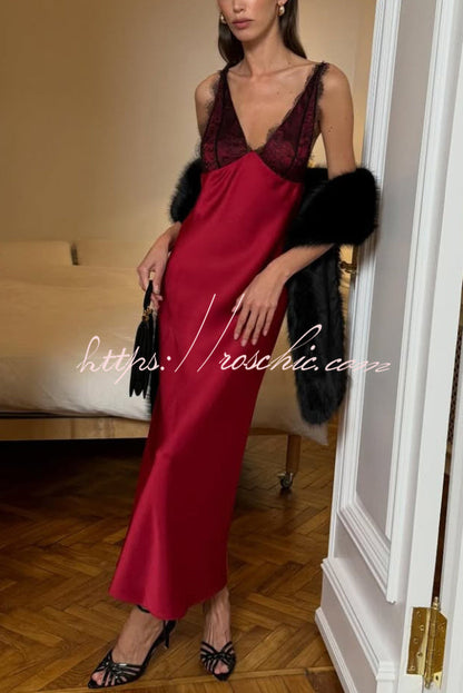 Fashionable Satin Lace Patchwork Spaghetti Strap Backless Elegant Slim-fit Maxi Dress