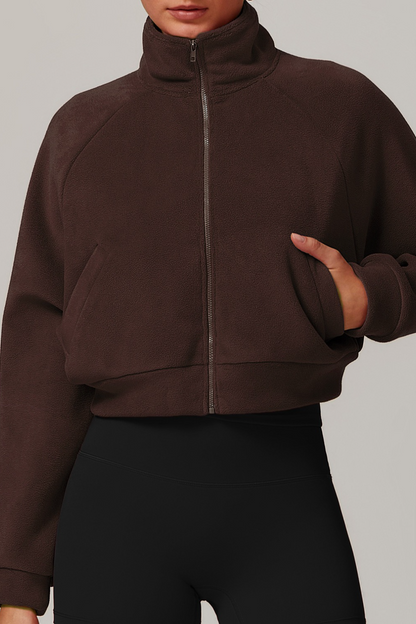 Chaqueta de yoga con forro polar, cuello alto, cremallera, cálida y cortavientos