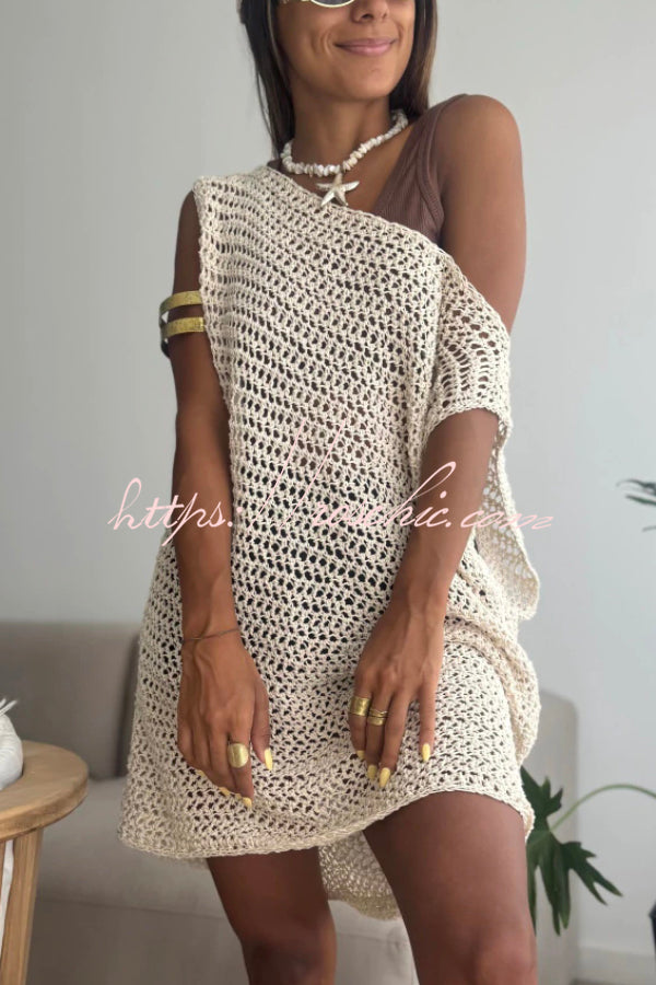 Fashionable Loose-fitting Openwork Sleeveless Casual Knitted Cover-up Mini Dress