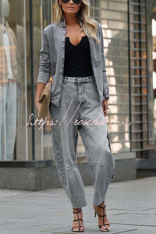 Casual Meetup Denim Stand Neck Long Sleeve Belted Loose Jacket
