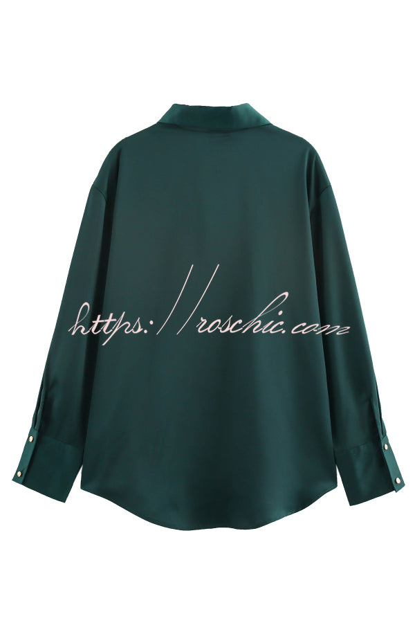 Solid Color Silk Satin Texture Single-breasted Long-sleeved Loose Shirt