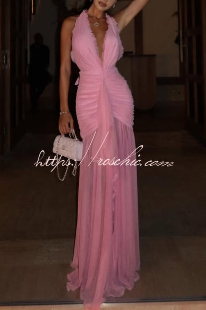 Elegant V-neck Sleeveless Pleated Ribbon Mesh Hem Maxi Dress