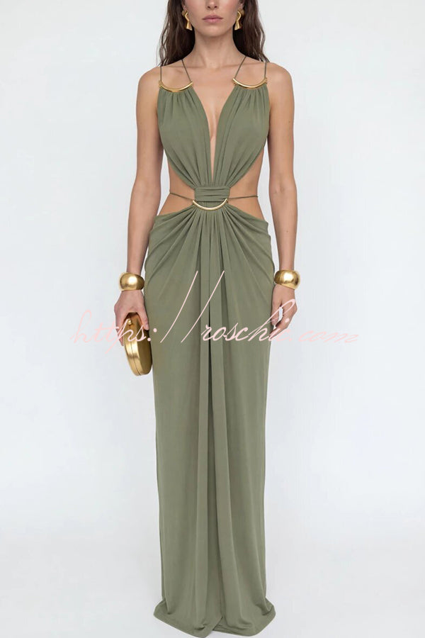 Athena Metal-Link Cutout Design Back Lace-up Drape Maxi Dress