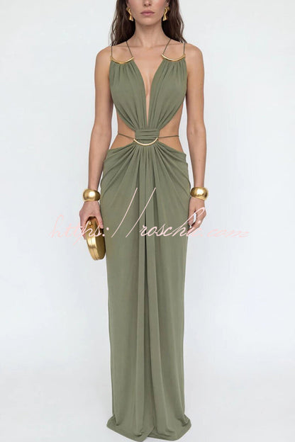 Athena Metal-Link Cutout Design Back Lace-up Drape Maxi Dress