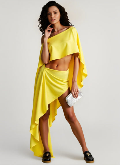 Solid Asymmetric Crop Top Relaxed Vacation Set