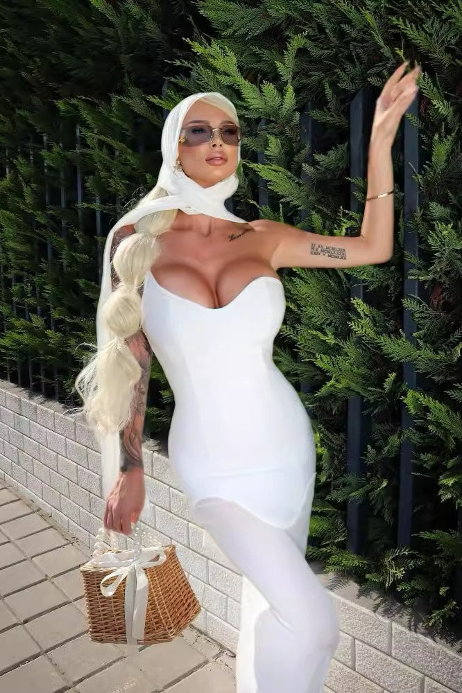 Vestido de gala de malla elástica con vendaje de tul