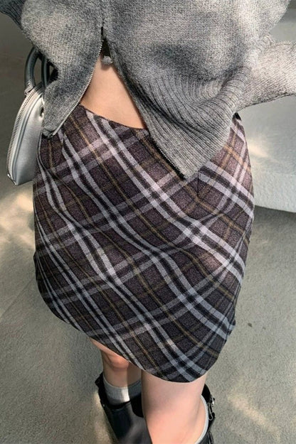 Falda Corta Ajustada de Talle Alto Vintage de Tweed a Cuadros