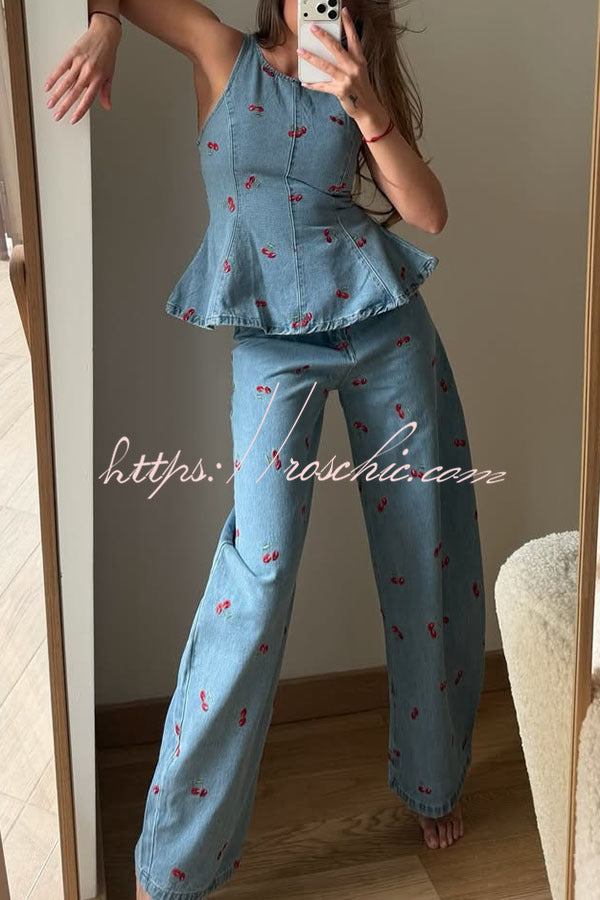 Sweet Casual Denim Cherry Print Princess Seams Flare Vest Top