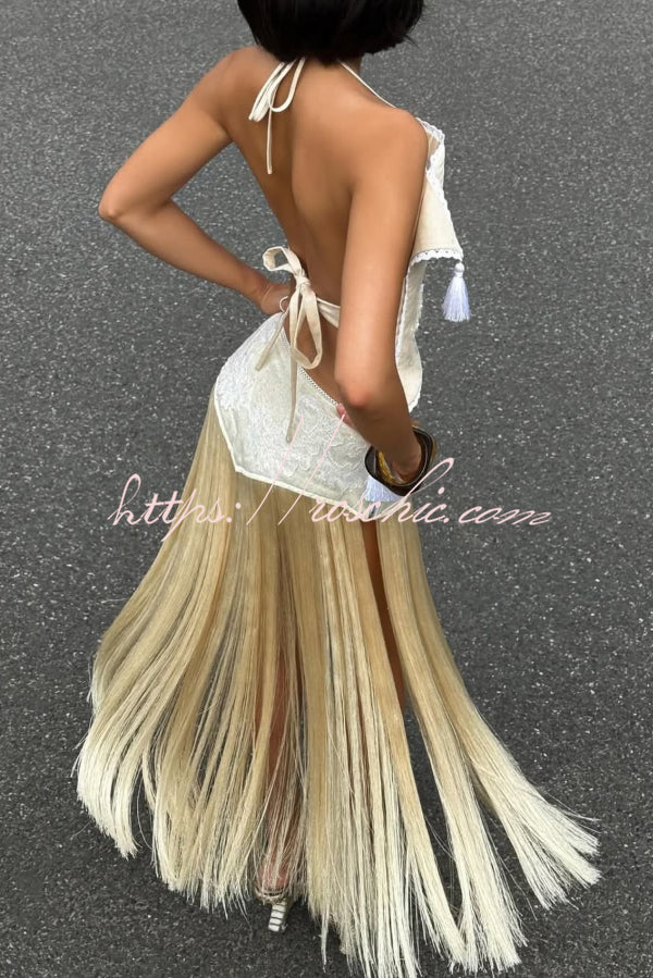 Fashionable Lace Appliqué Tassel Hem Vacation Maxi Skirt