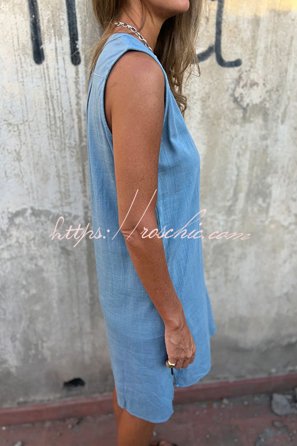 Solid Color Sleeveless V-neck Casual Pocket Mini Dress