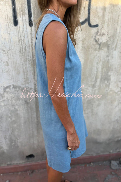 Solid Color Sleeveless V-neck Casual Pocket Mini Dress