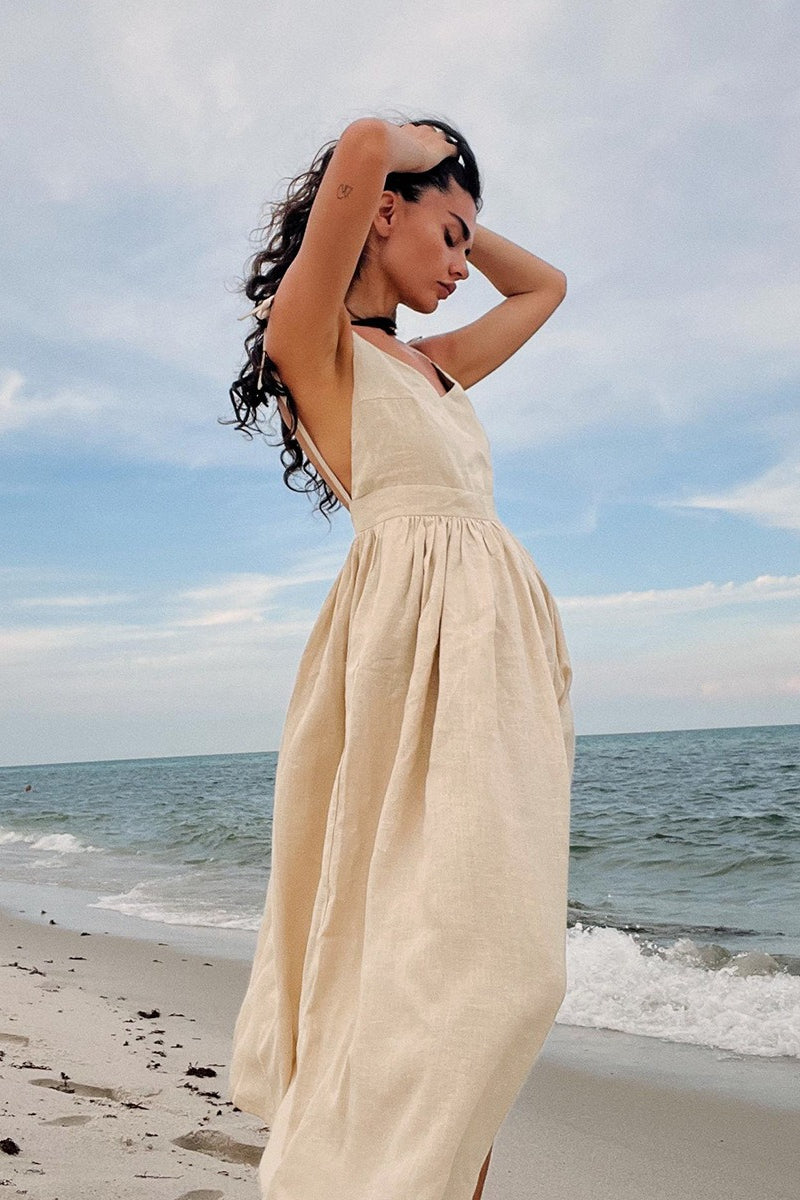 Vestido Midi Elegante de Algodón con Tirantes Finos Escote en V y Espalda Descubierta Anudada