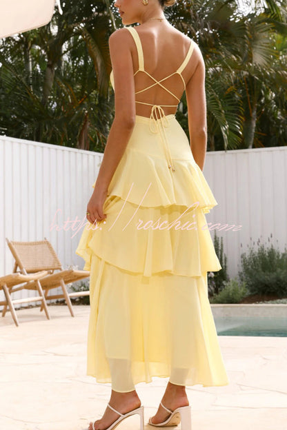 Solid Color V-neck Sleeveless Elegant Layered Maxi Dress