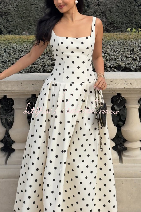 Polka Dot Print Square Neck Sleeveless Holiday Maxi Dress