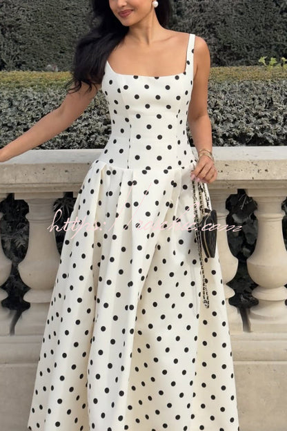 Polka Dot Print Square Neck Sleeveless Holiday Maxi Dress