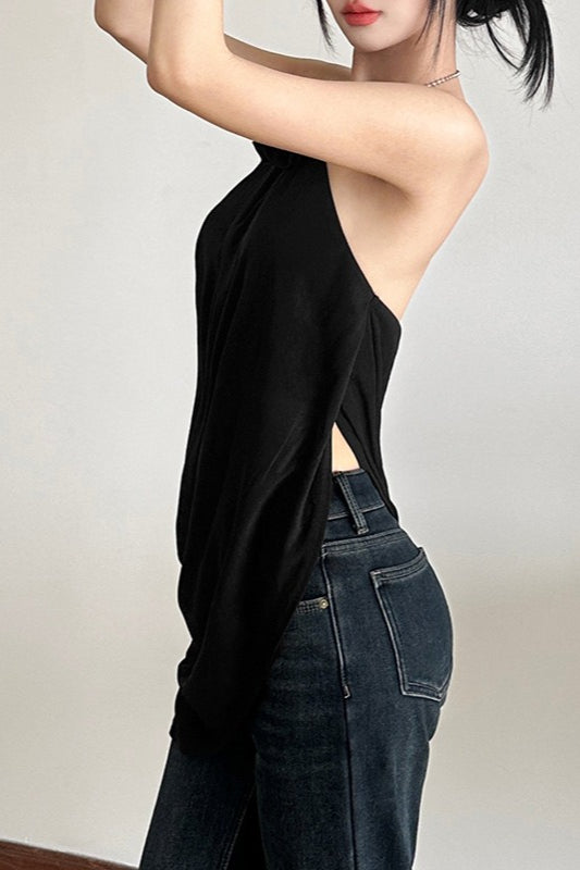 Blusa sólida, suelta, fluida, con cuello halter y sin espalda
