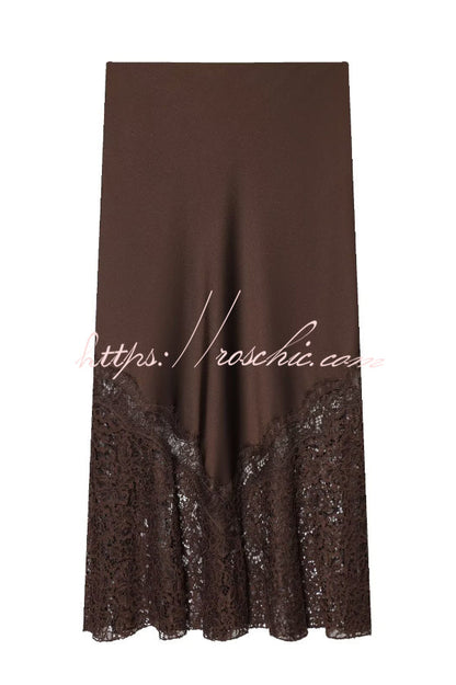 Solid Color Silk Satin and Lace Spliced elegant Maxi Skirt