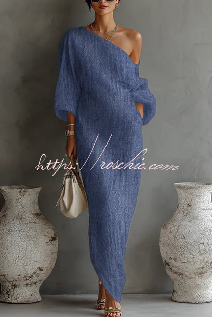 Linen Blend Loose-fitting One-shoulder Lantern Sleeve Casual Pocket Maxi Dress