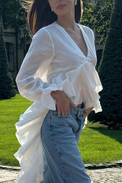 Solid Color V-neck Long-sleeved Ruffled Hem Long Shirt Top