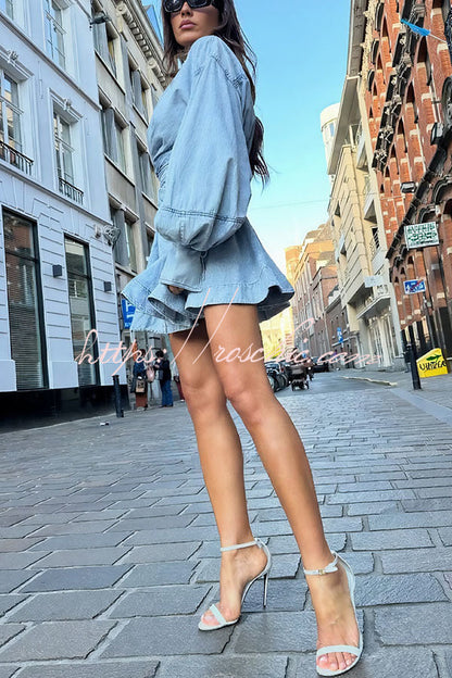 Yaron Denim Button Twisted Shape Wrap Long Balloon Sleeve Shirt Mini Dress